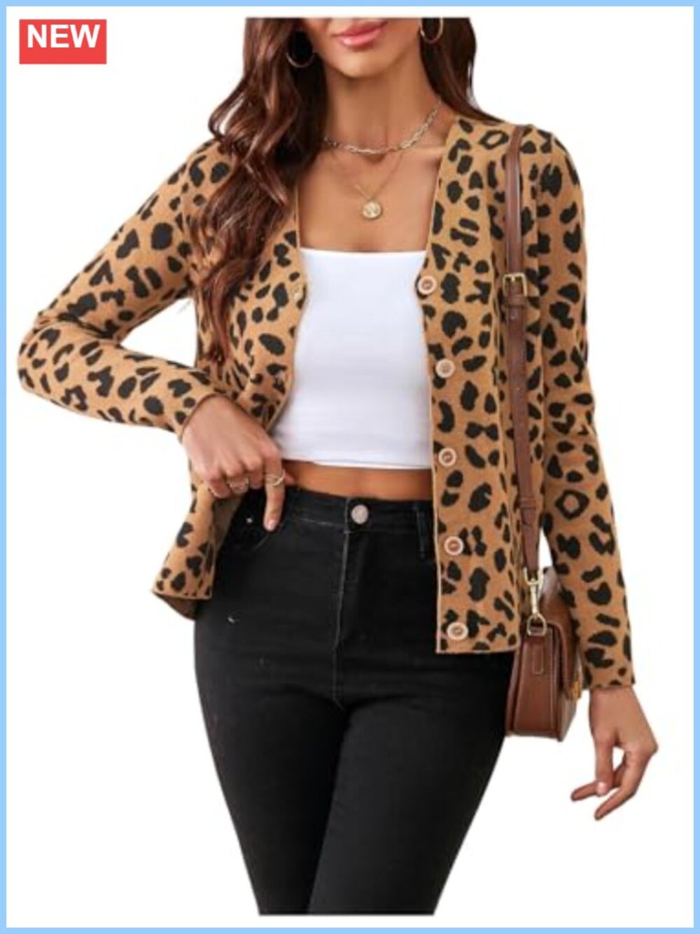 Women's Leopard Print Button Down V Neck Knit Cardigan Sweater